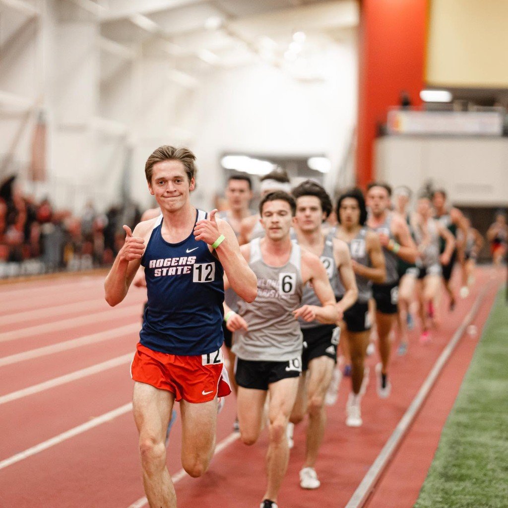 Tyler Melton mid-race at Rogers State, giving two thumbs up